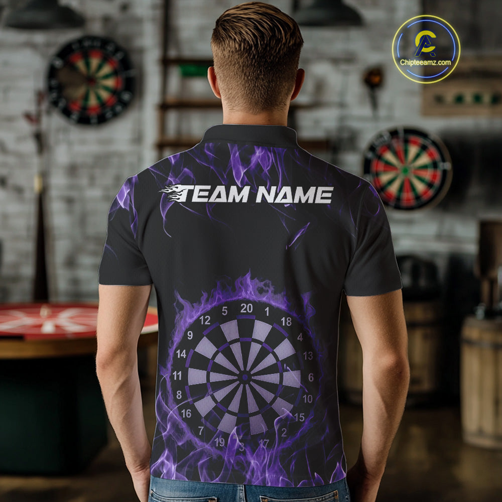 Custom Black And Purple Flame Dartboard Dart Polo Shirts For Men, Dart Players Outfits IPHW9964