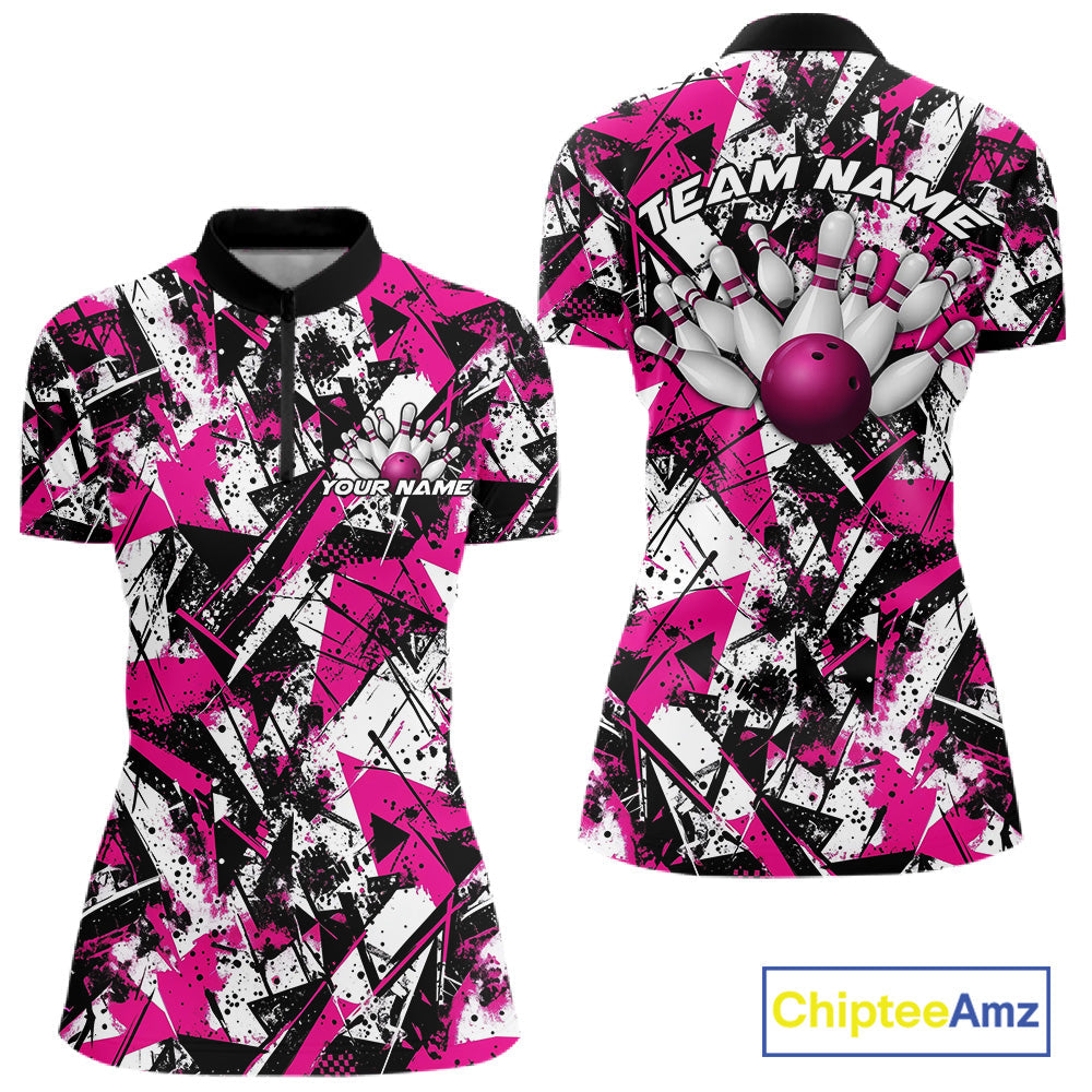 Custom Graffity Pink Camo Bowling Team Women Shirts, Camouflage Bowling Jerseys IPHW10214