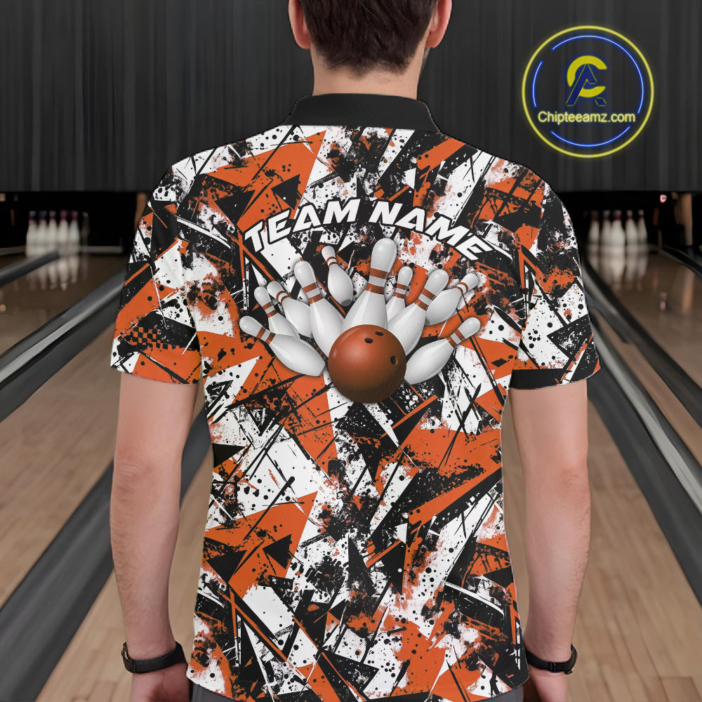 Custom Graffity Orange Camo Bowling Team Men Polo Shirts, Camouflage Bowling Jerseys IPHW10216