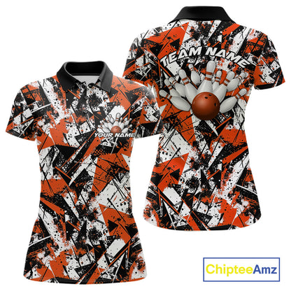 Custom Graffity Orange Camo Bowling Team Women Polo Shirts, Camouflage Bowling Jerseys IPHW10216