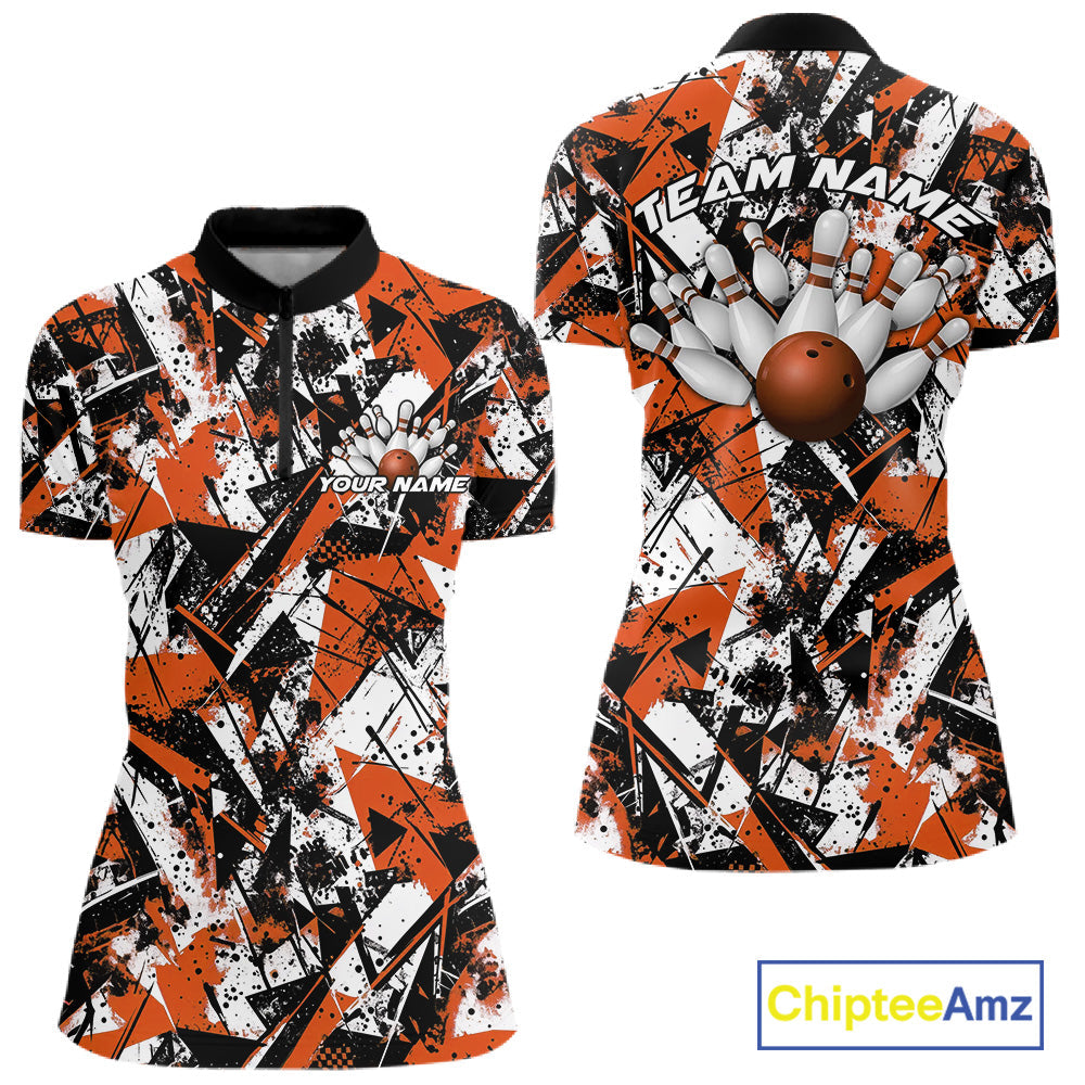 Custom Graffity Orange Camo Bowling Team Women Shirts, Camouflage Bowling Jerseys IPHW10216