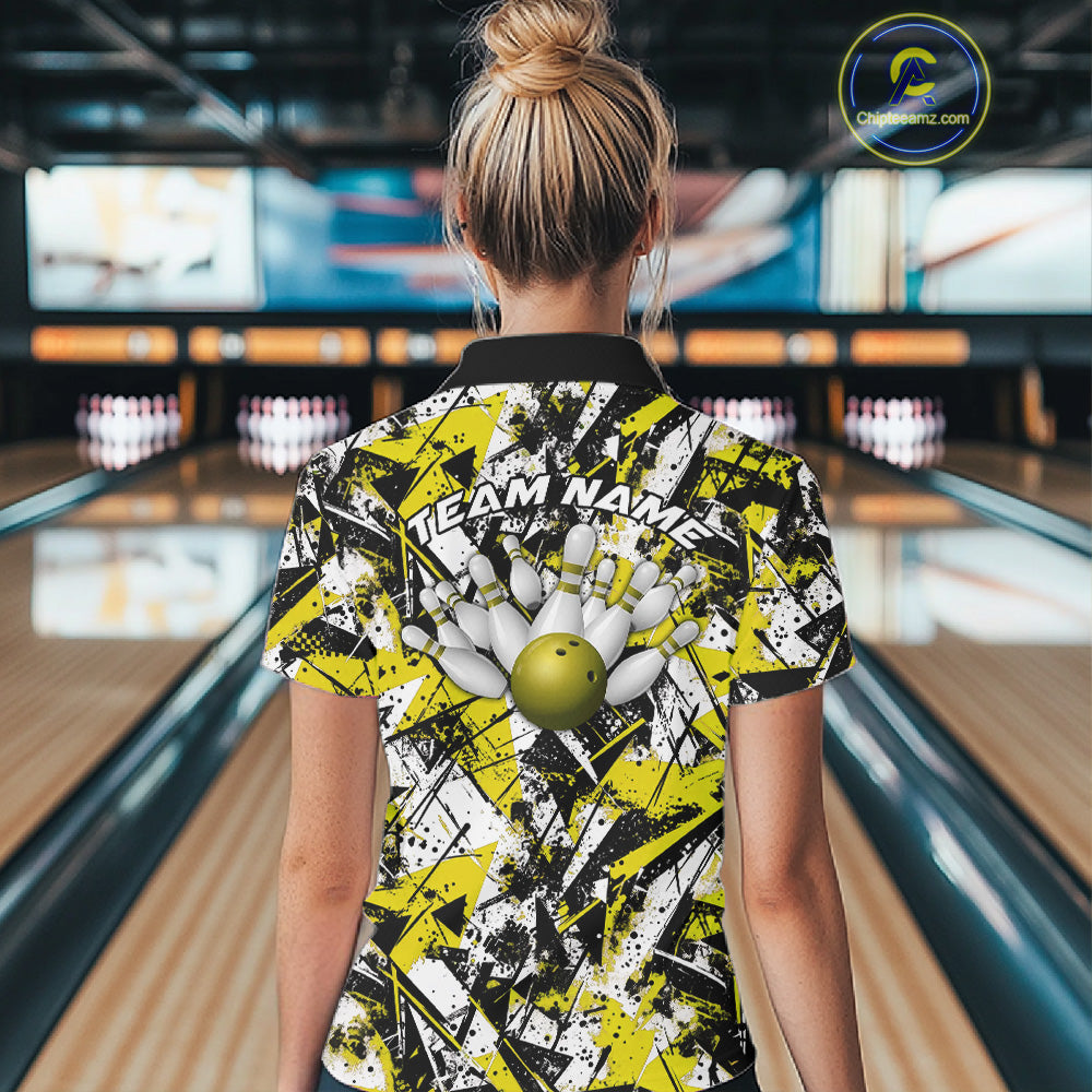 Custom Graffity Yellow Camo Bowling Team Women Polo Shirts, Camouflage Bowling Jerseys IPHW10217