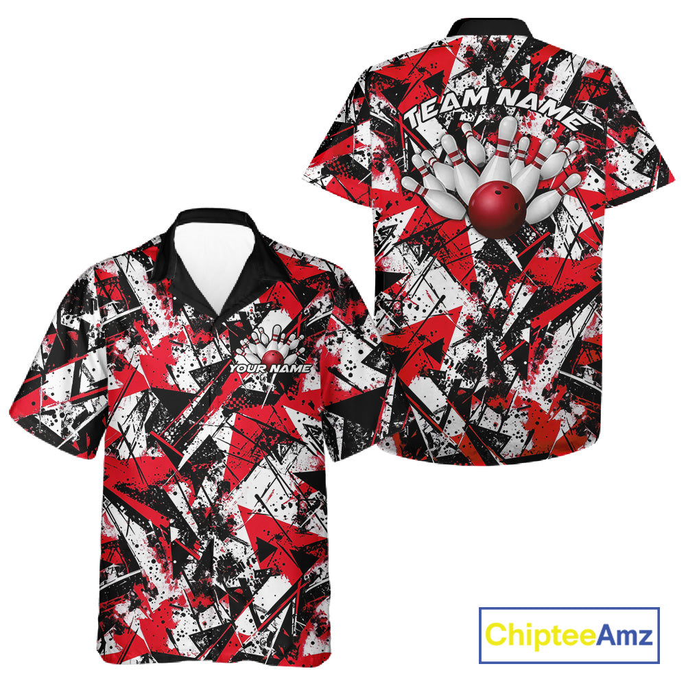 Custom Graffity Red Camo Bowling Team Men And Women Hawaiian Shirts, Camouflage Bowling Jerseys IPHW10218