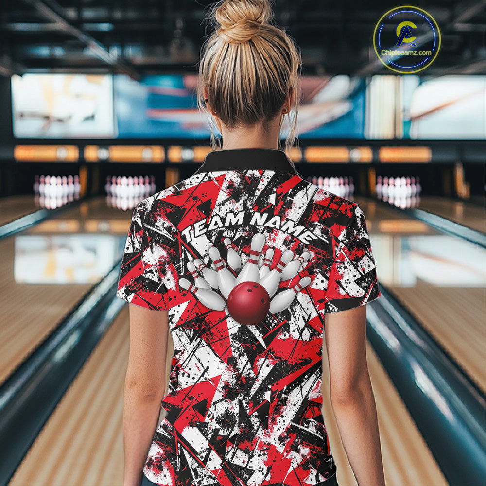 Custom Graffity Red Camo Bowling Team Women Polo Shirts, Camouflage Bowling Jerseys IPHW10218