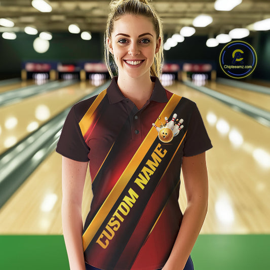 Custom Red And Gold Bowling Tournament Shirts For Women With Name, Bowler Outfit IPHW10645