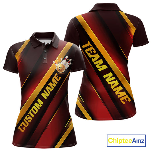 Custom Red And Gold Bowling Tournament Shirts For Women With Name, Bowler Outfit IPHW10645