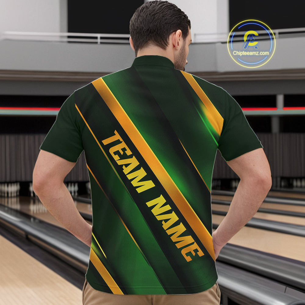 Custom Green And Gold Bowling Tournament Shirts For Men And Women With Name, Bowler Outfit IPHW10647