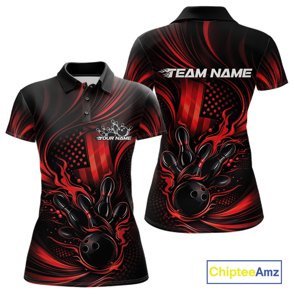 Front and back display of a black and red womens bowling polo shirt featuring patriotic flames and a bowling ball striking pins with distressed flag accents.
