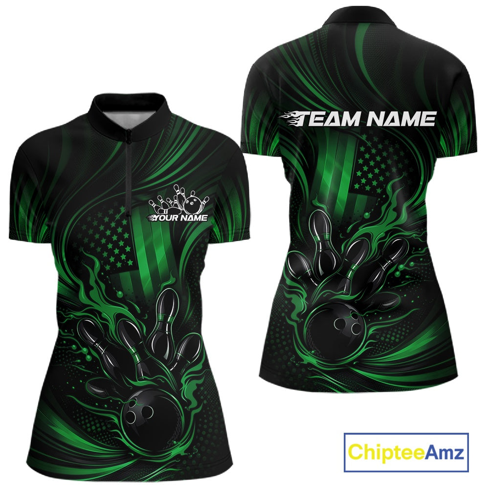 Front and back view of a black and green women’s bowling quarter-zip shirt featuring a patriotic flaming bowling ball striking pins over a distressed American flag.