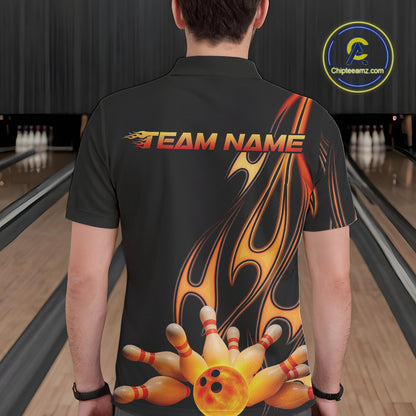 Custom Flame Bowling Team Polo Shirts For Men, Bowling Tournament Team Outfit IPHW9287