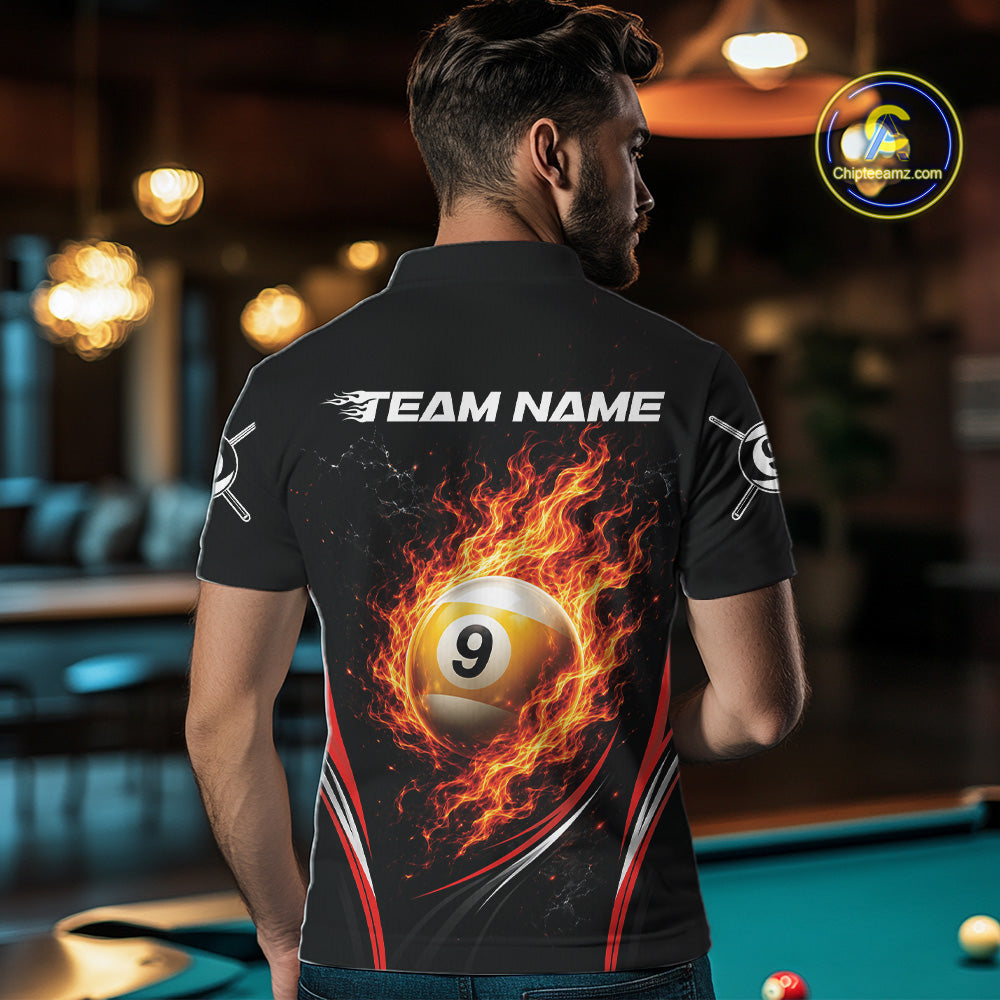 Custom Black And Red Flame 9 Ball Billiards Jersey, Pool Team Men Polo Shirt IPHW11750