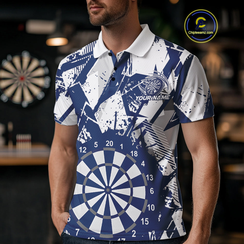 Custom Grunge Splatter Blue And White Dartboard Dart Team Men Polo Shirts, Dart Jerseys IPHW9971