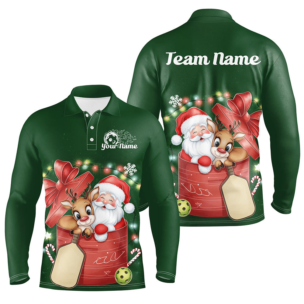 Funny Santa And Reindeer Custom Funny Pickleball Long Sleeve Polo Shirts For Men Pickleball Gifts IPHW8092