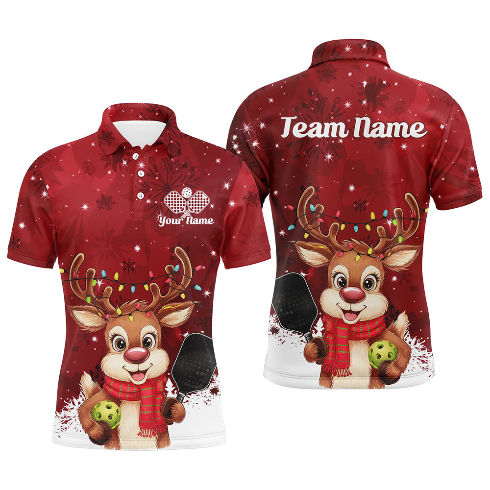 Custom Funny Christmas Reindeer Pickleball Polo Shirts For Men, Xmas Pickleball Outfit IPHW8095