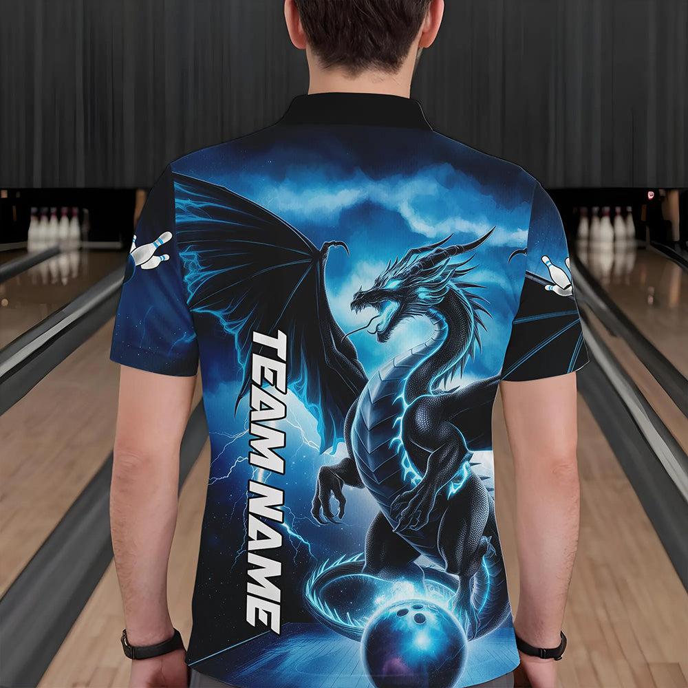 Custom Blue Thunder Lightning Dragon Bowling Polo Shirts For Men, Dragon Bowling Uniform IPHW8302