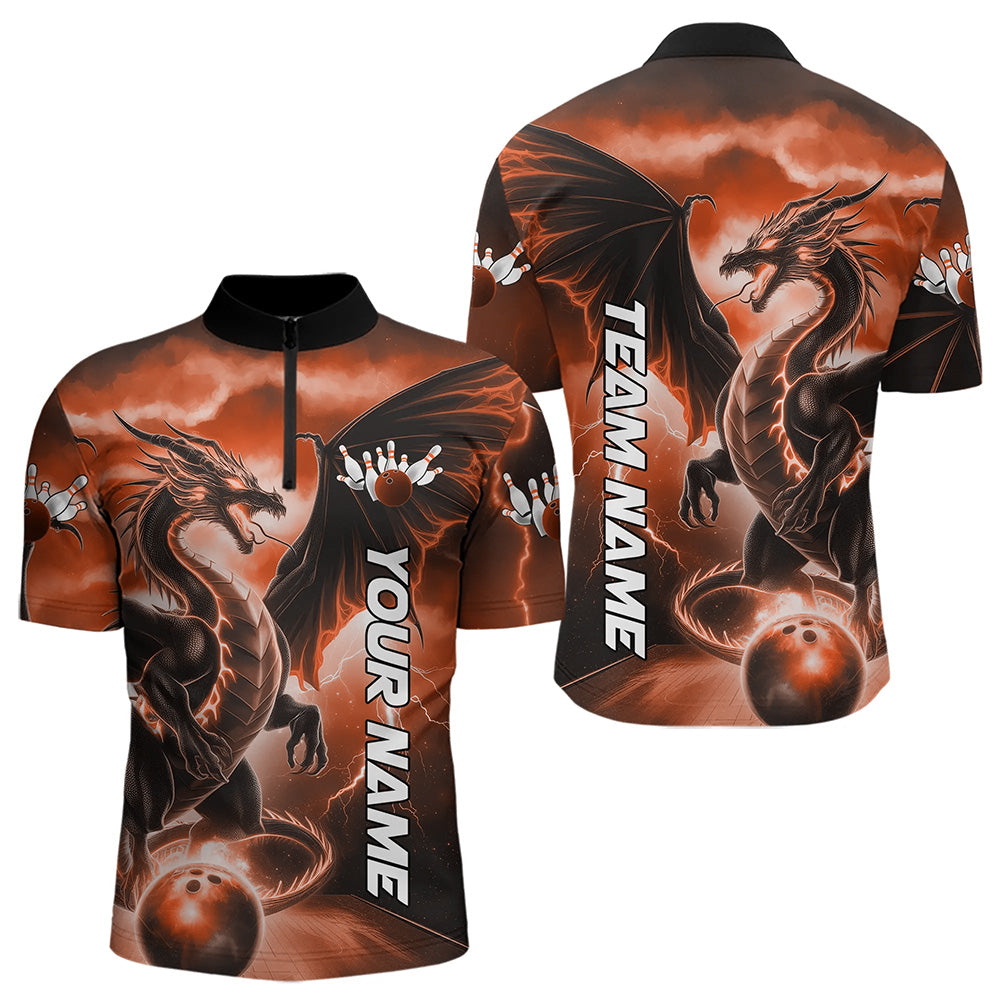 Custom Orange Thunder Lightning Dragon Bowling Quarter-Zip Shirts For Men, Dragon Bowling Uniform IPHW8304