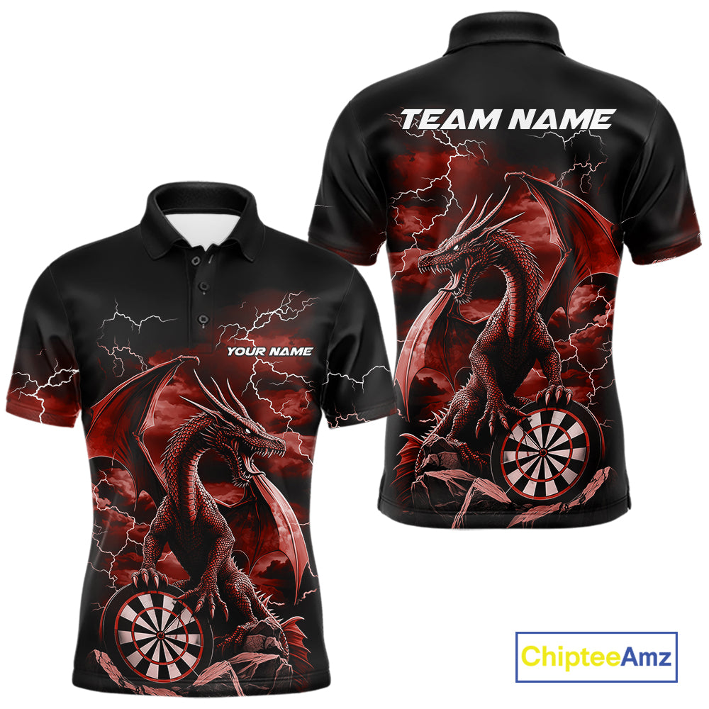 Custom Red Lightning Dragon Darts Men Polo Shirts, Dragon Darts Team Jersey IPHW10384