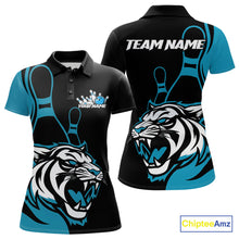 Load image into Gallery viewer, Custom Black And Cool Blue Tiger Bowling Jerseys, Tiger Bowling Team Women Polo Shirts IPHW9016