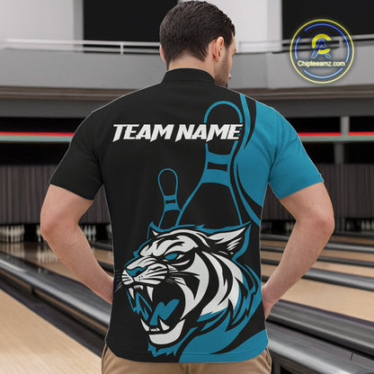 Custom Black And Cool Blue Tiger Bowling Jerseys, Tiger Bowling Team Men Quarter-Zip Shirts IPHW9016