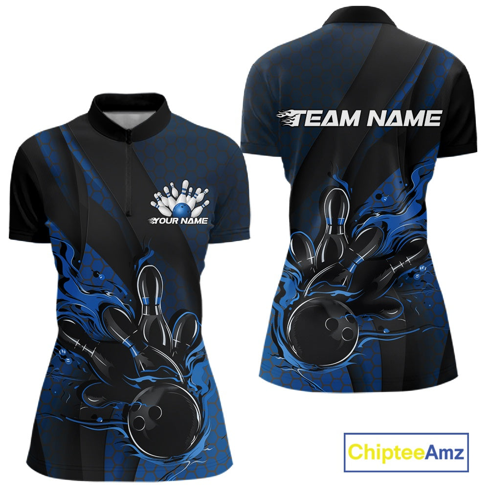 Women’s quarter zip bowling shirt mockup featuring black and blue colorway with flaming bowling ball striking pins, hexagon mesh and diagonal stripe accents