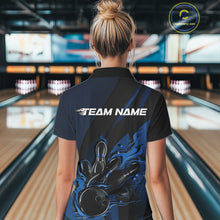 Load image into Gallery viewer, Custom Black And Blue Flame Bowling Quarter-Zip Shirt For Women, Bowling Team Jersey IPHW11181