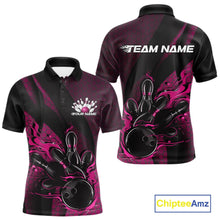 Load image into Gallery viewer, Custom Black And Pink Flame Bowling Polo Shirt For Men, Bowling Team Tournament Jersey IPHW11183