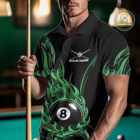 Custom Green Tribal Flame 8 Ball Billiards Men Polo Shirt, Pool League Shirt IPHW11755
