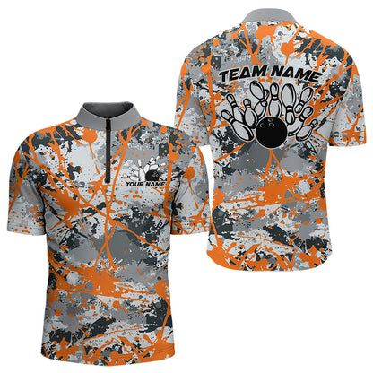 Custom Orange Splatter Bowling Team Quarter-Zip Shirts For Men, Bowling Tournament Shirts IPHW8310