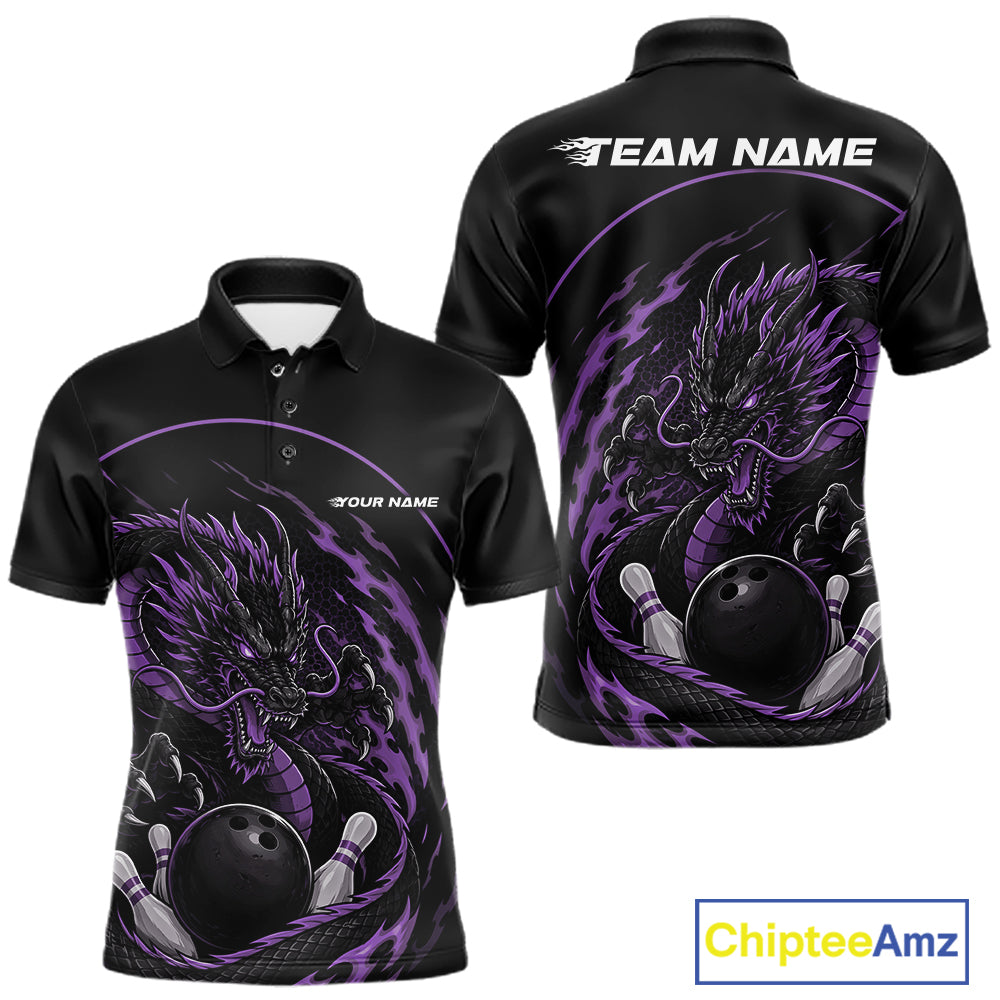 Front and back views of a purple custom men's bowling polo shirt featuring an aggressive dragon with flames in a dynamic and energetic design.