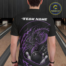 Load image into Gallery viewer, Back view of a male model in a bowling alley wearing a purple custom bowling polo shirt featuring an aggressive dragon with flames in a dynamic and energetic design.