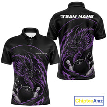 Load image into Gallery viewer, Front and back views of a purple custom men's bowling polo shirt featuring an aggressive dragon with flames in a dynamic and energetic design.