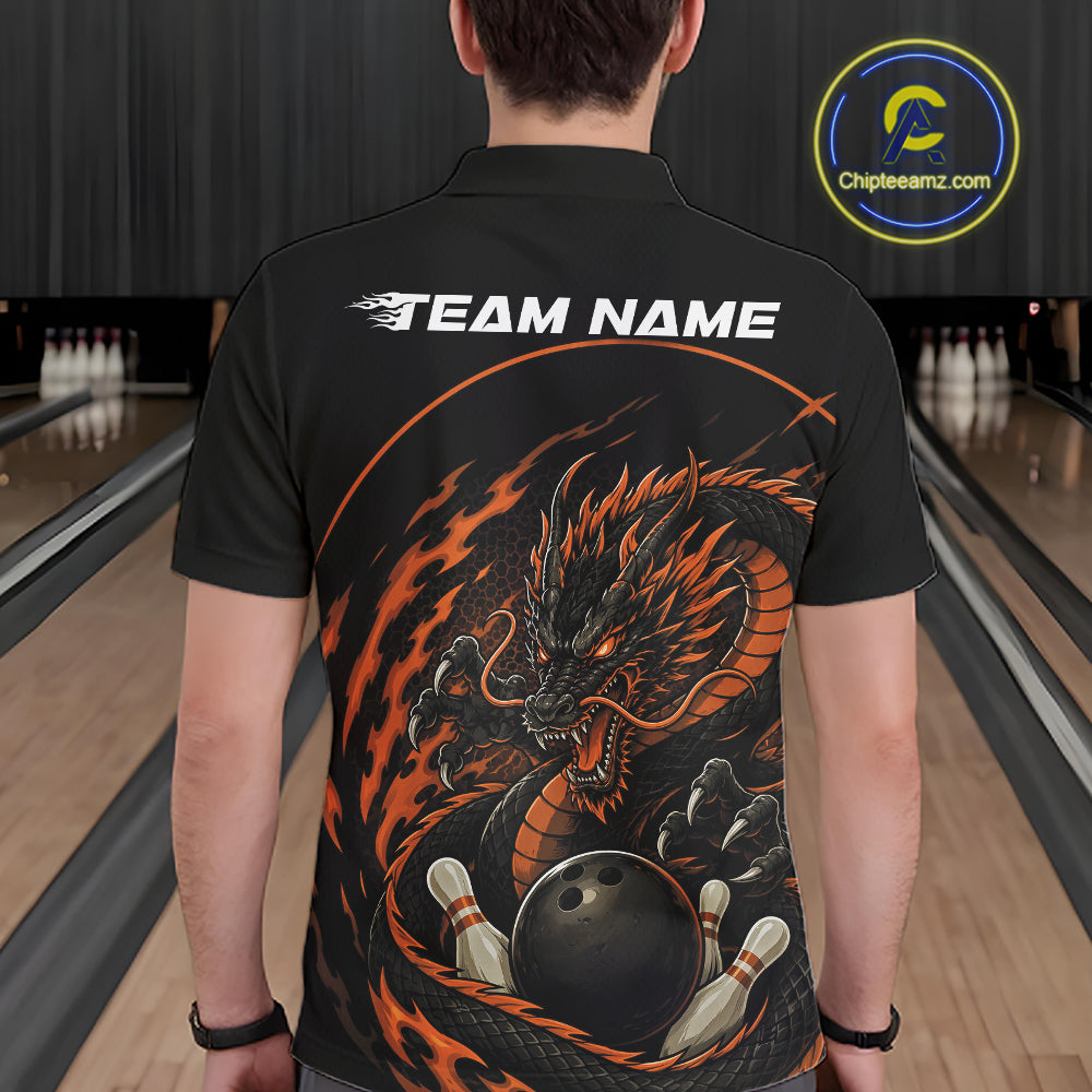Back view of a male model in a bowling alley wearing an orange custom bowling polo shirt featuring an aggressive dragon with flames in a dynamic and energetic design.