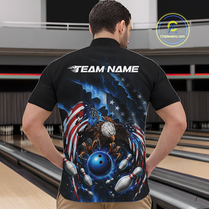 Front view of a male model in a bowling lane wearing a quarter zip shirt with bald eagle artwork, blue bowling ball, flying pins, and American flag background.