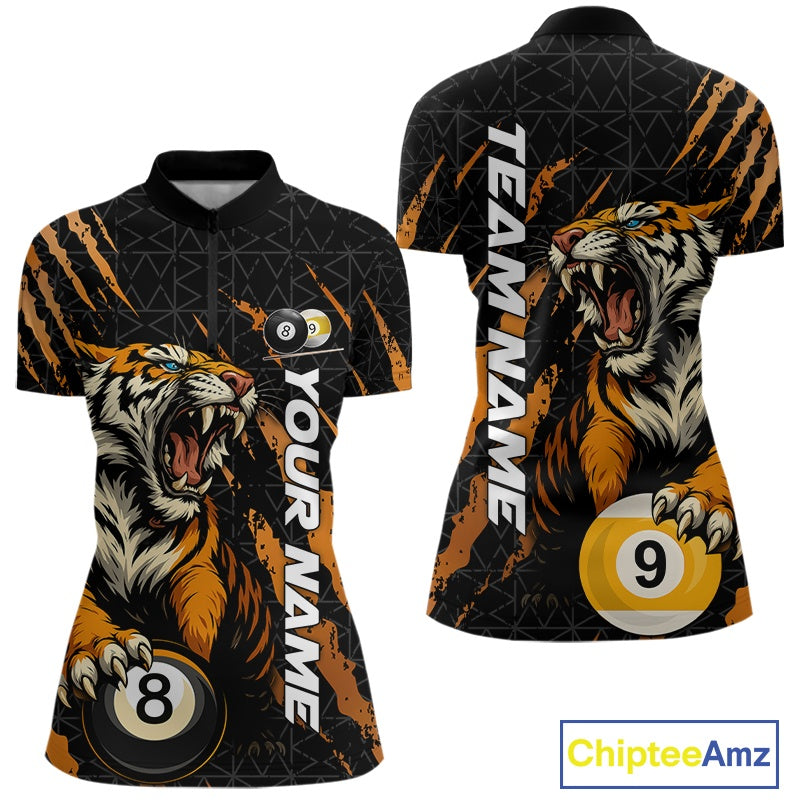 Front and back women’s Billiard quarter zip mockup featuring a roaring tiger emerging through orange claw marks while gripping billiard balls.