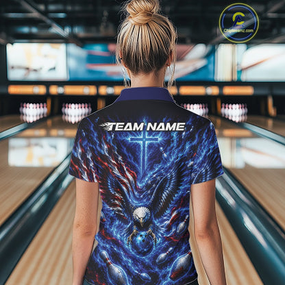 Back view of a female model in a bowling lane wearing a quarter zip shirt with eagle artwork around a bowling ball, flag elements, and pins.