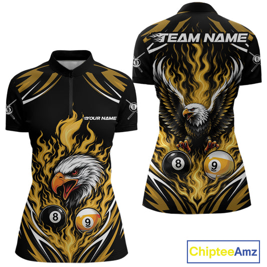 Custom Yellow Flame Eagle 8 Ball And 9 Ball Billiards Jersey Quarter-Zip Shirt For Women IPHW11776