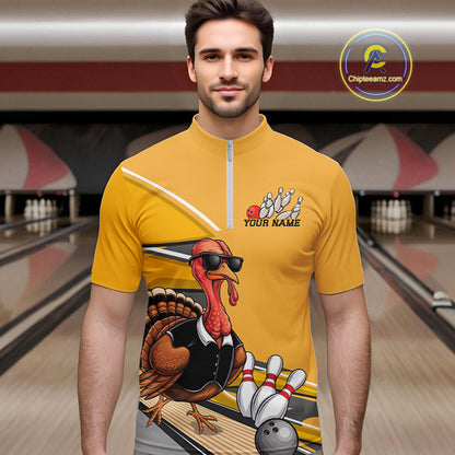 Custom Yellow Funny Turkey Bowling Team Shirts For Men, Thanksgiving Bowler Outfits IPHW7885
