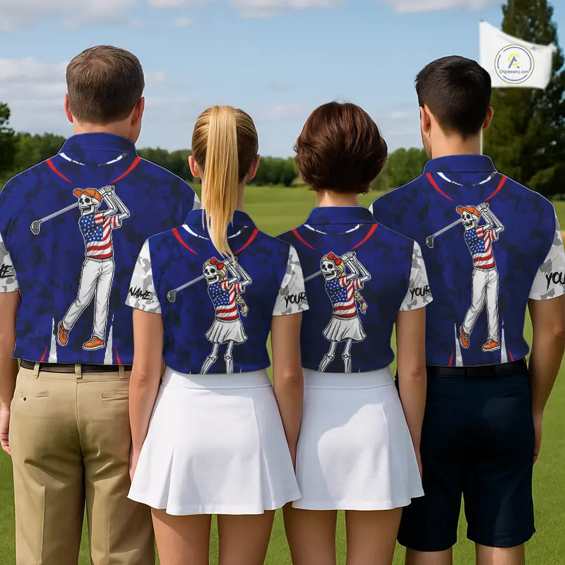 USA flag camo golf outfits funny skull matching men and womens golf shirts custom patriotic golf tops NQS11400