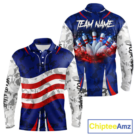 Camo American flag bowling jersey custom bowling polo, 1/4 zip shirts for men, bowling league shirts NQS11401