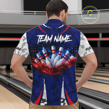 Camo American flag bowling jersey custom bowling polo, 1/4 zip shirts for men, bowling league shirts NQS11401