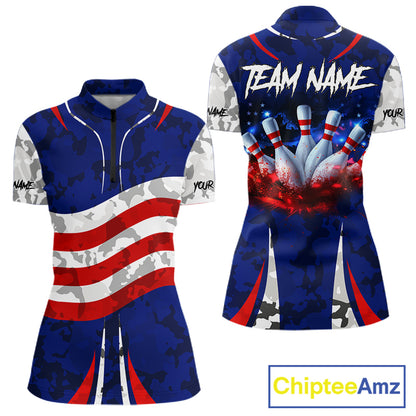 Camo American flag bowling jersey custom Women bowling polo, 1/4 zip shirts, bowling league shirts NQS11401