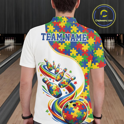 Male model at a bowling lane, back view of white polo shirt featuring autism-themed bowling strike artwork with vibrant puzzle accents