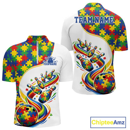 Front And Back View Of White Mens Bowling Quarter-Zip Shirt Mockup With Autism Bowling Strike Illustration And Vibrant Puzzle Pattern Design