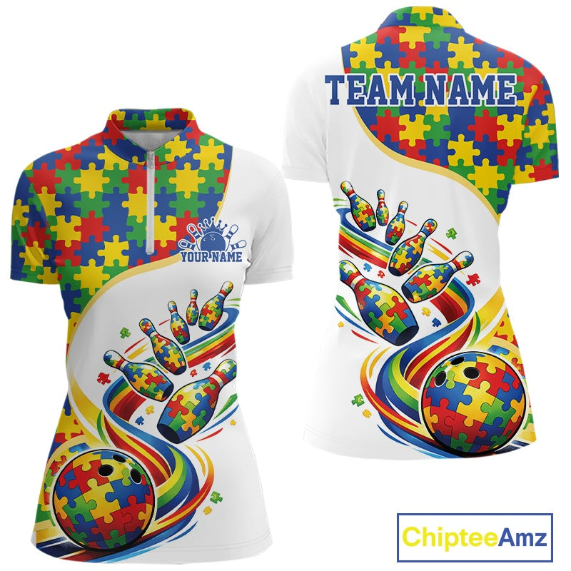 Front and back view of a women’s quarter-zip bowling shirt mockup in white, featuring autism-themed bowling strike design with puzzle patterns.