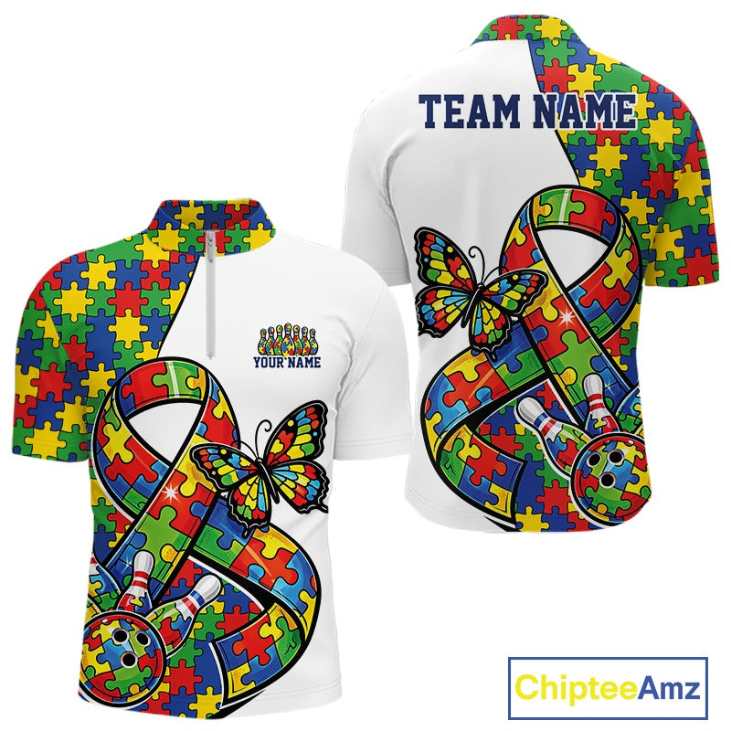 Front And Back View Of Mens Bowling Quarter-Zip Mockup In White, Featuring Autism Ribbon Filled With Puzzle Pattern, Butterfly Detail And Bowling Ball Striking Pins