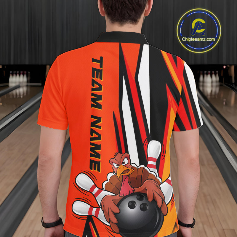 Custom Funny Turkey Bowling Shirts For Men, Orange Thanksgiving Bowling Shirt Team Uniform IPHW7659