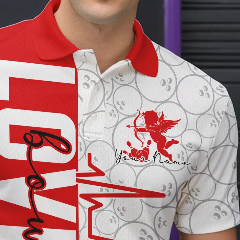 White And Red Custom Love Bowling Polo Shirts For Men, Valentines Couple Bowling Jerseys IPHW8324