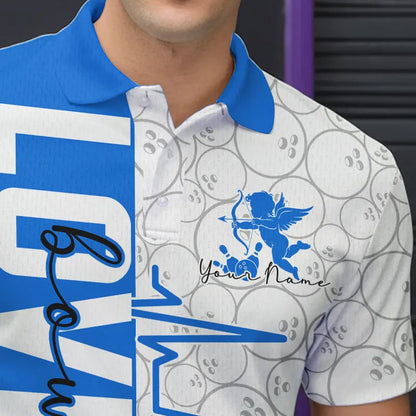 White And Blue Custom Love Bowling Polo Shirts For Men, Valentines Couple Bowling Jerseys IPHW8326
