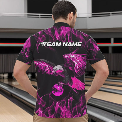 Custom Black And Pink Flame Eagle Bowling Team Men Quarter-Zip Shirts, Eagle Bowling League Shirt IPHW8800