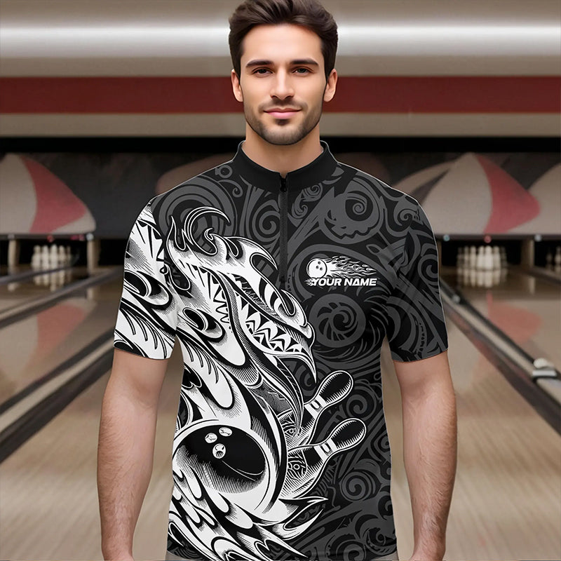 Custom Black And White Tribal Polynesian Bowling Team Men Quarter-Zip Shirts, Niho Mano Bowling IPHW8812
